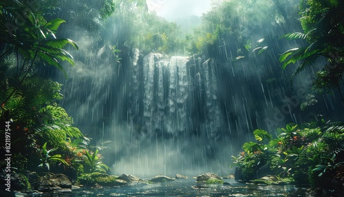 Heavy rainfall rejuvenating a parched section of the rainforest  front view  illustrating renewal and life  cybernetic tone  vivid