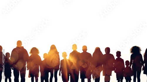 Silhouettes of a diverse group of people standing together against a sunset.