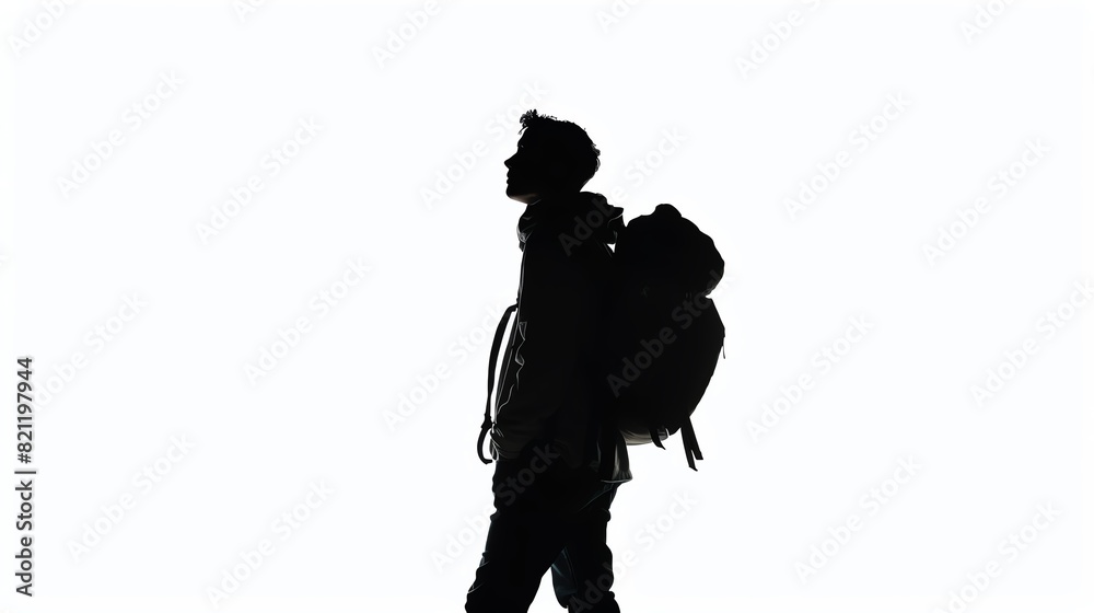 Silhouette of a man walking with a backpack on a white background. Silhouette of a man walking with a backpack on a white background.