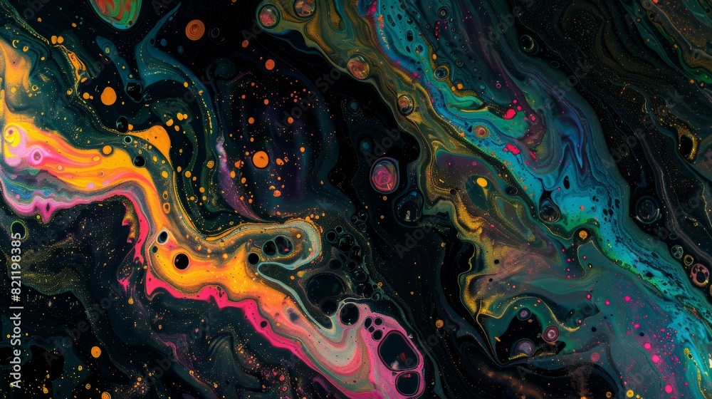 Obraz premium Modern liquid art with glowing tempera colors creating a topographical map effect, abstract and random