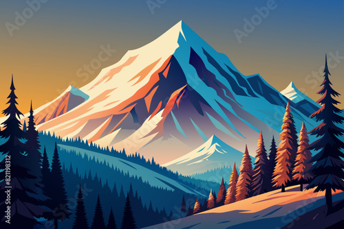 Snow mountain and pine tree forest vector illustration 