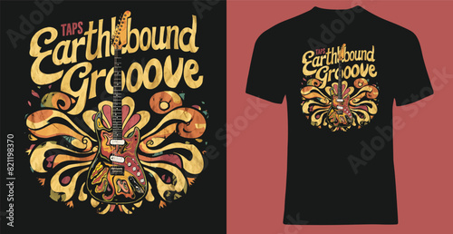 Create a T-shirt with a vintage concert poster style for an imaginary 1970s rock band.