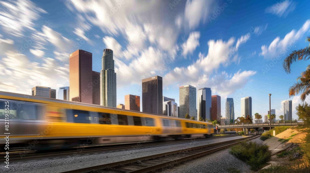 Modern city skyline with a train passing in the foreground.
