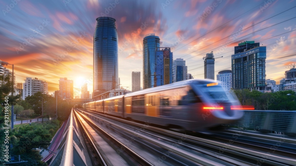 Fototapeta premium Modern city skyline with an electric train passing in the foreground.