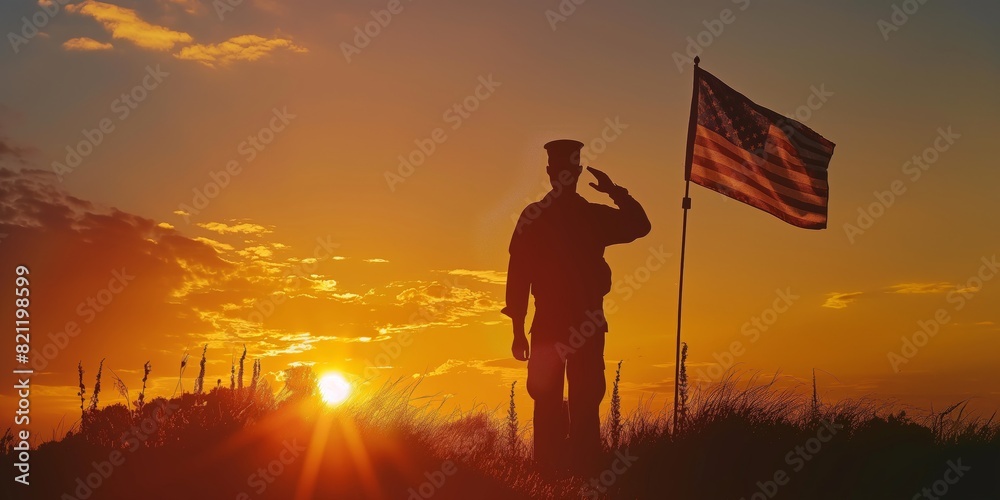 A serene silhouette of a military person saluting the American flag with the backdrop of a colorful sunset sky