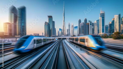Modern city skyline with an electric train passing in the foreground.