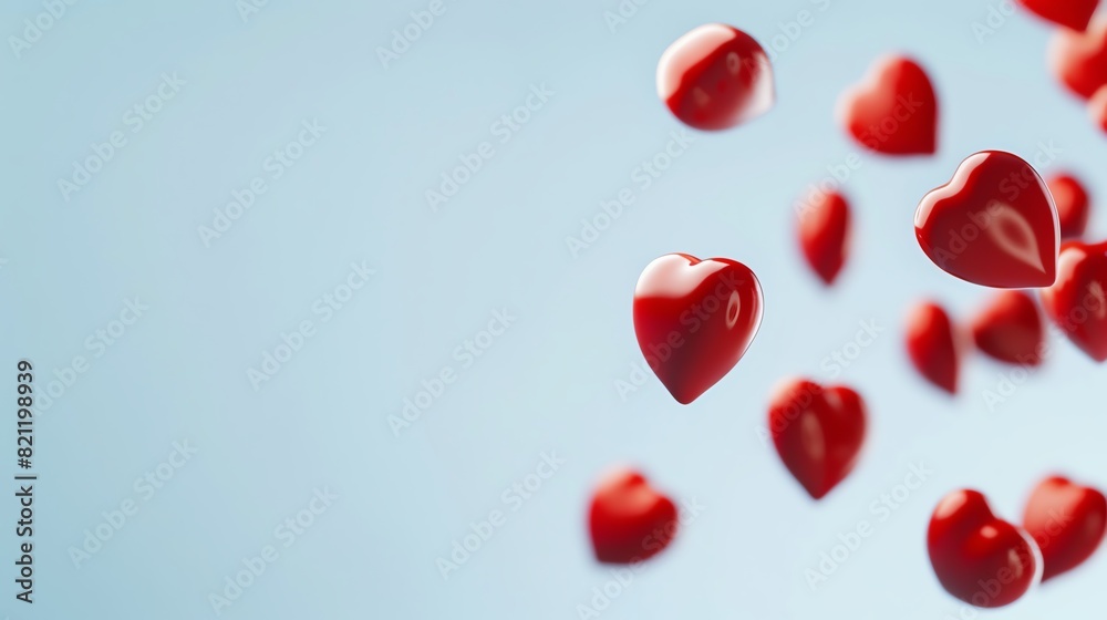 Red hearts falling on a light blue background. Red hearts falling on a light blue background.