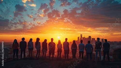 Diverse group of friends enjoying a sunset view from a city hill