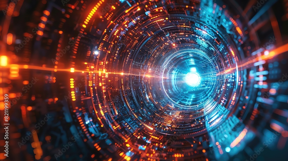 Fototapeta premium Futuristic digital technology abstract light tunnel with glowing orange and blue lights, perfect for tech backgrounds.