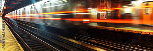 Capturing the dynamic motion blur of a subway train speeding through a station at night