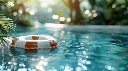 Close-up of a striped lifebuoy resting on the edge of a pool, with sparkling water and palm fronds photo