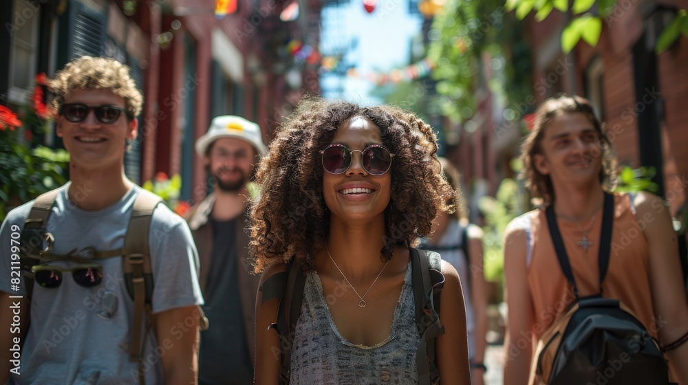 Group of friends exploring a city's historic district Group of friends exploring a city's historic district