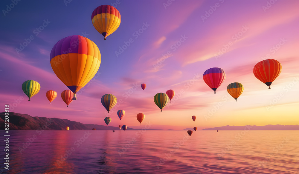 Fototapeta premium A group of hot air balloons floating in a purple sky over a body of water.