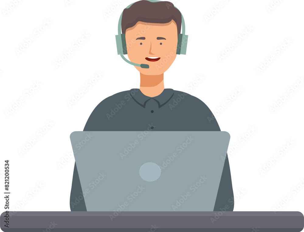 Illustration of a cheerful male customer service representative with headphones working on a laptop