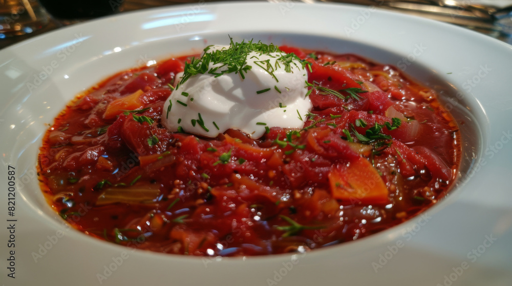Authentic ukrainian borscht served in a white bowl with fresh dill and a dollop of sour cream on top Authentic ukrainian borscht served in a white bowl with fresh dill and a dollop of sour cream on top