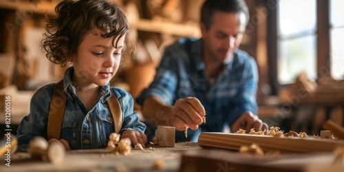 Young boy crafts with wood while receiving guidance from an adult, emphasizing traditional skills and craftsmanship photo