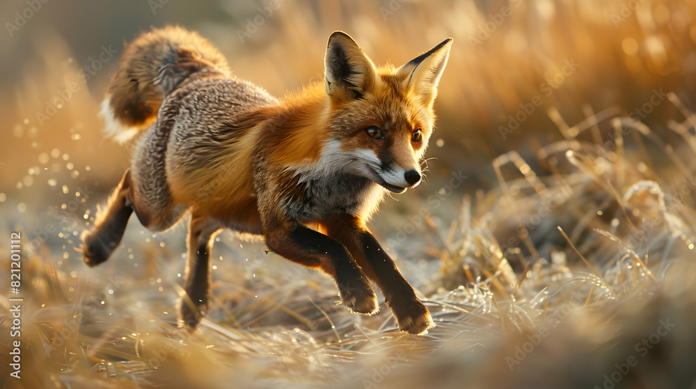 Photo realistic concept of a fox hunting a rabbit in a meadow, showcasing the cunning and speed of this small predator Photo realistic concept of a fox hunting a rabbit in a meadow, showcasing the cunning and speed of this small predator