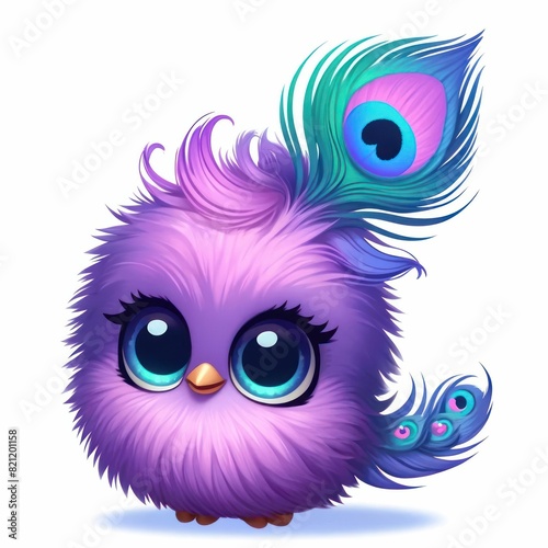 Cute Purple Green Owl with Peacock Feathers, Adorable Blue-Eyed Owl Sublimation Design, Whimsical Owl and Peacock Hybrid Image, Fantasy Owl with Vibrant Peacock Tail Art
