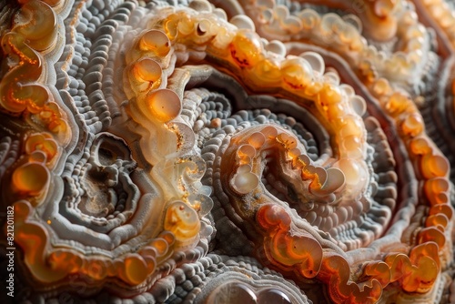 A close up of a spiral shaped object with a lot of small, round, orange beads photo