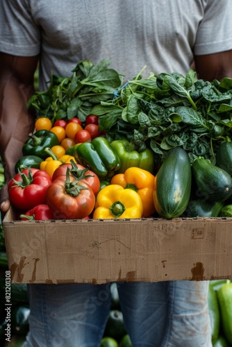 a close-up shot, a clean individual holds a cardboard box filled with incredibly fresh vegetables © ZoomTeam