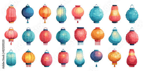 Cartoon Chinese Festival Paper Lantern Icons. Simple Vector Illustration on White Background. Traditional Chinese Lantern Festival, Festive Paper Lanterns, Cultural Celebration, Asian Holiday