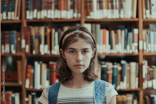 A young girl stands in front of a library with a book in her hand