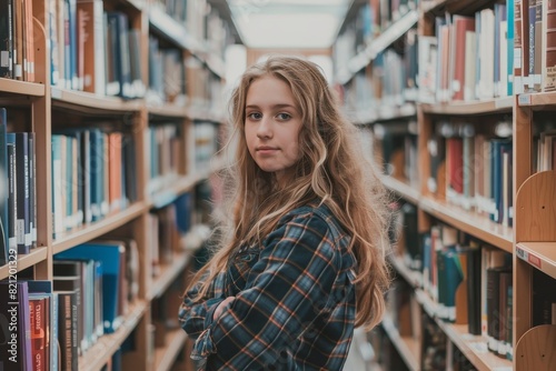 A girl with long hair stands in a library with bookshelves behind her
