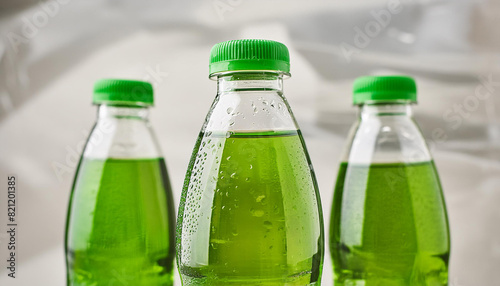 Green carbonated drinks in plastic bottles. Detox water. Delicious and refreshing beverage. Close up photo