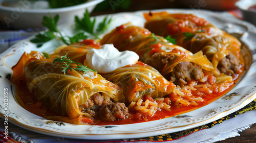 Traditional ukrainian holubtsi (stuffed cabbage rolls) with sour cream and fresh dill, served on a beautiful plate photo