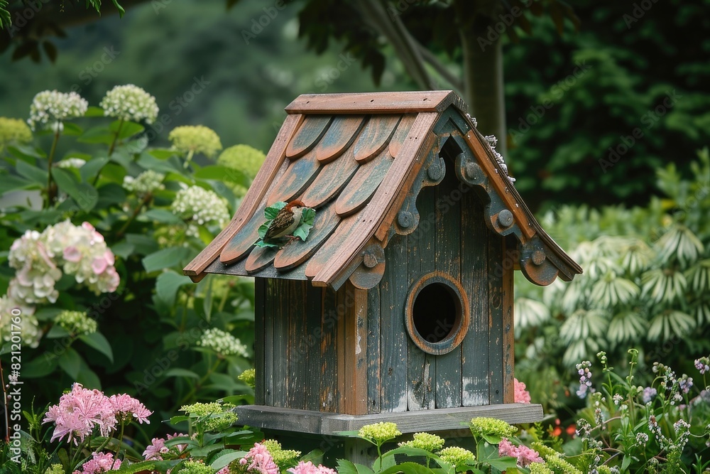 A charming sparrow house design crafted from natural wood with a sloped roof and decorative trim, providing a cozy nesting spot for feathered friends in the garden