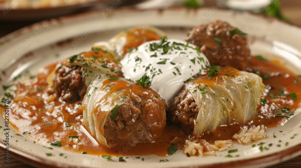 Fototapeta premium Traditional ukrainian cuisine: stuffed cabbage rolls with sour cream on a rustic plate, garnished with chopped herbs
