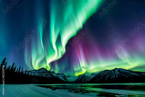 Tropical Island in the Night Landscape With Trees and Stars and Northern Lights Over a River and Mountains covered by Ice, Aura, Green and Red color smoke