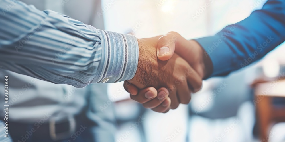 Two businessmen shake hands firmly, symbolizing agreement and professionalism in a corporate setting