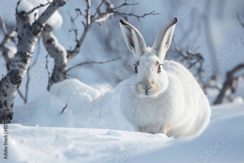Arctic Hare Camouflaged in Snowy Landscape. Created with Generative AI.