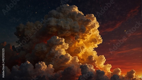 A large yellow cloud with orange and red colors in the background,. photo