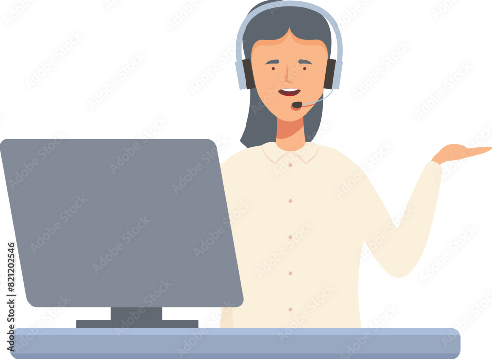 Illustrated customer service agent with headset speaking and gesturing in front of a computer Illustrated customer service agent with headset speaking and gesturing in front of a computer