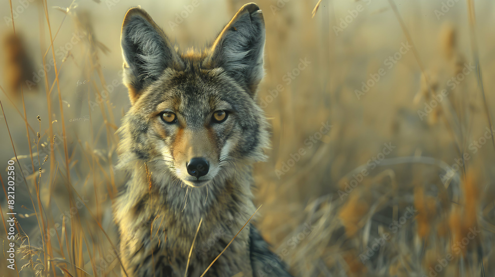 Photo realistic image of a Jackal hunting in the grasslands, showcasing its cunning and adaptability as a small predator Concept for Photo Stock Photo realistic image of a Jackal hunting in the grasslands, showcasing its cunning and adaptability as a small predator Concept for Photo Stock