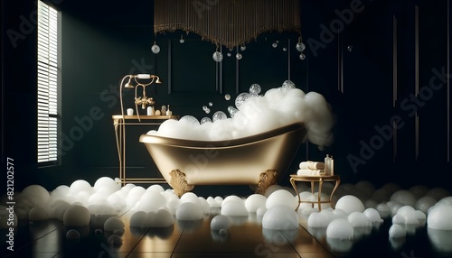 Luxurious bathroom scene with a golden bathtub filled with bubbles, surrounded by elegant decor and soft lighting, perfect for a relaxing and indulgent bath experience.