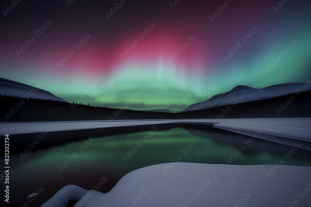 Tropical Island in the Night Landscape With Trees and Stars and Northern Lights Over a River and Mountains covered by Ice, Aura, Green and Red color smoke Tropical Island in the Night Landscape With Trees and Stars and Northern Lights Over a River and Mountains covered by Ice, Aura, Green and Red color smoke