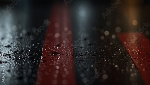 A close up of a red and black wooden floor with water droplets,. photo