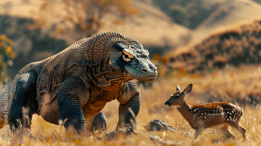 Obraz premium Powerful Komodo Dragon Hunting Deer, Demonstrating Predatory Skills in Grasslands Photorealistic Wildlife Concept