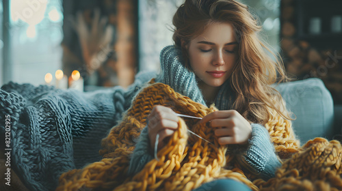 A woman knitting on a cozy couch, highlighting the relaxation and satisfaction of this traditional and comforting hobby on Photo Stock. photo