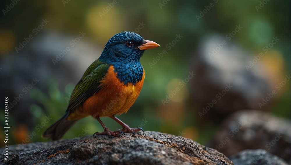 A colorful bird perched on a rock with blurred background,. A colorful bird perched on a rock with blurred background,.