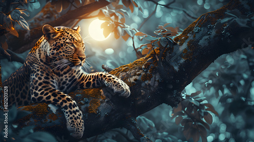 Photo realistic: A leopard hunting from a tree, showcasing agility and strategic hunting techniques in the wild