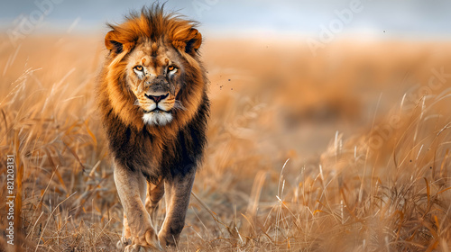 Lion King s Hunt: Majestic Predator Stealthily Stalking Prey in African Savannah, Showcasing Raw Power and Hunting Prowess Photo Realistic Concept