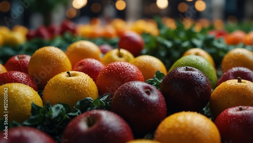 A colorful fruit and vegetables arranged in a cityscape pattern,.