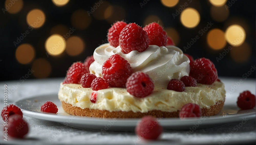 A dessert with raspberries and cream on top of a plate,. A dessert with raspberries and cream on top of a plate,.