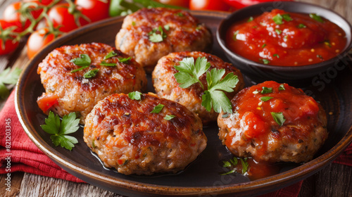 Served on a rustic plate, these juicy ukrainian meat cutlets with fresh parsley and tangy tomato sauce celebrate classic eastern european cuisine photo