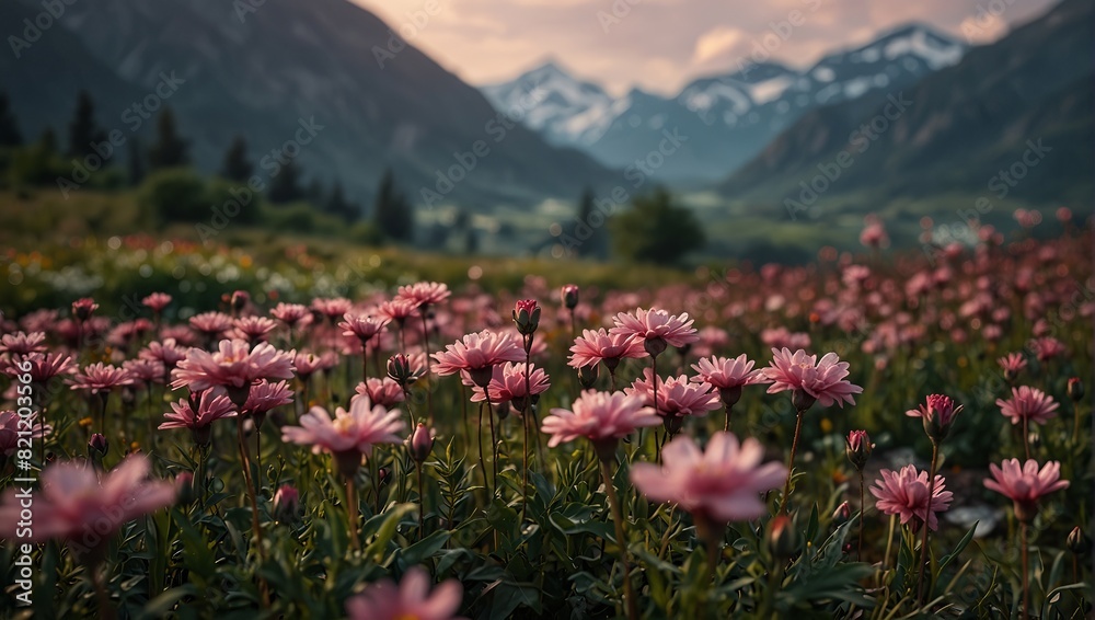 A field of pink flowers in a valley with mountains behind,.