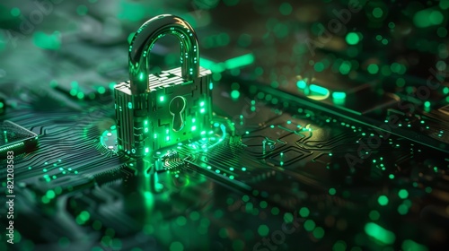 Cyber security and data protection of private information, Crystal-clear padlock icon on a black and green matrix-style background